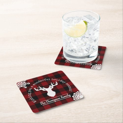 Red and Black Buffalo Plaid Family Christmas Party Square Paper Coaster