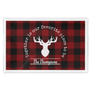 Red and Black Buffalo Plaid Family Name Acrylic Tray