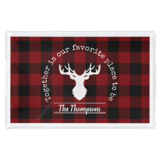 Red and Black Buffalo Plaid Family Name Acrylic Tray