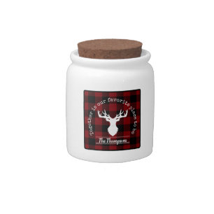 Red and Black Buffalo Plaid Family Name Candy Jar