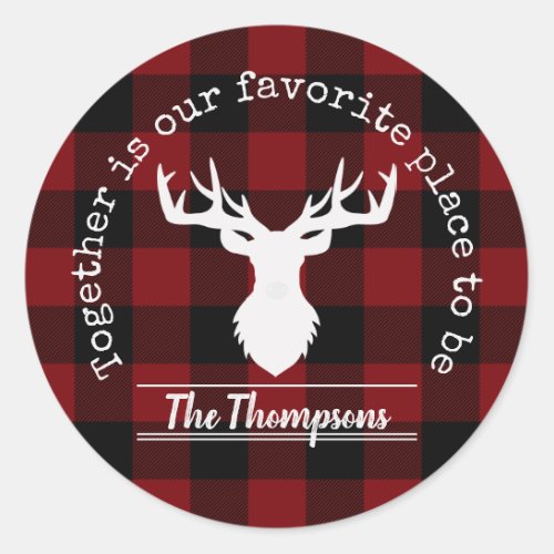Red and Black Buffalo Plaid Family Name Classic Round Sticker