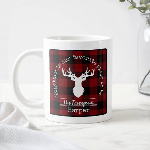Red and Black Buffalo Plaid Family Name Giant Coffee Mug