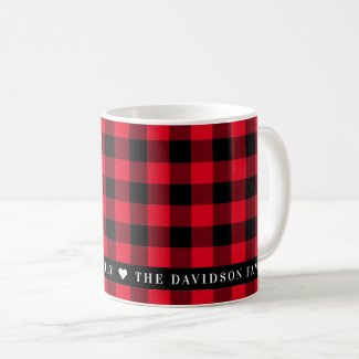 Red and Black Buffalo Plaid Family Name Holiday Coffee Mug