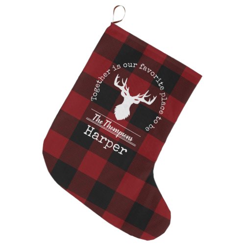 Red and Black Buffalo Plaid Family Name Large Christmas Stocking