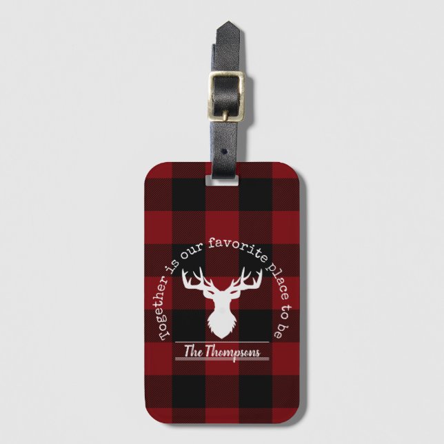 Red and Black Buffalo Plaid Family Name Luggage Tag (Front Vertical)
