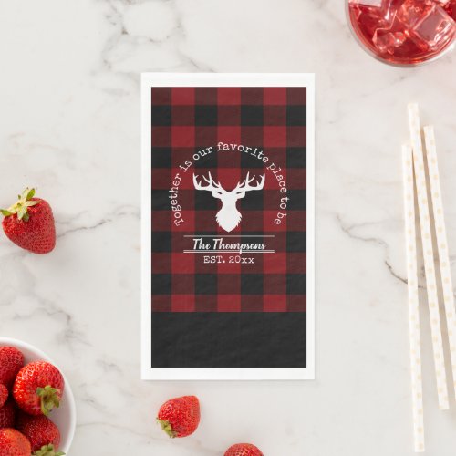 Red and Black Buffalo Plaid Family Name Paper Guest Towels