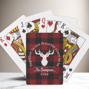 Red and Black Buffalo Plaid Family Name Poker Cards