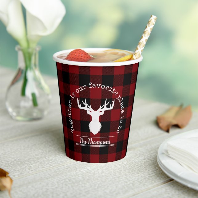 Red and Black Buffalo Plaid Family Party Paper Cups (Insitu)
