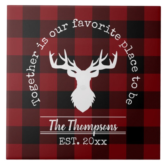 Red and Black Buffalo Plaid Farmhouse Family Name Ceramic Tile (Front)