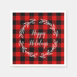 Red and Black Buffalo Plaid Happy Holidays Napkins
