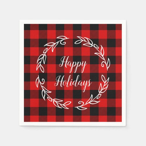 Red and Black Buffalo Plaid Happy Holidays Napkins