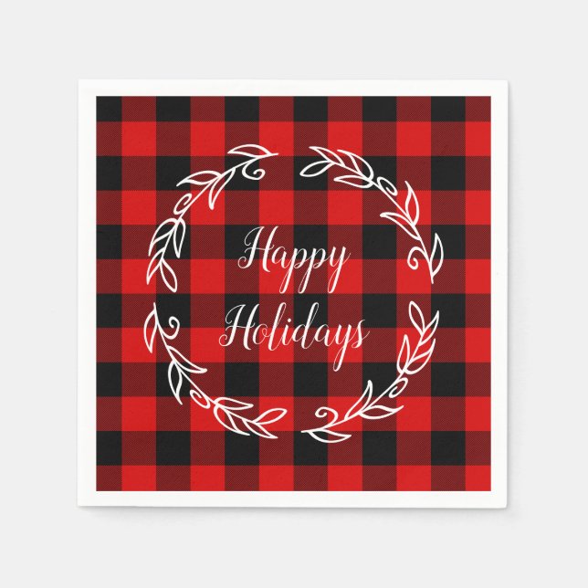 Red and Black Buffalo Plaid Happy Holidays Napkins (Front)