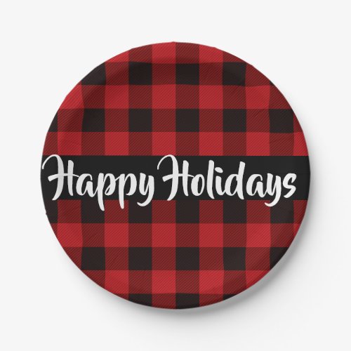 Red and Black buffalo plaid happy holidays Paper Plates