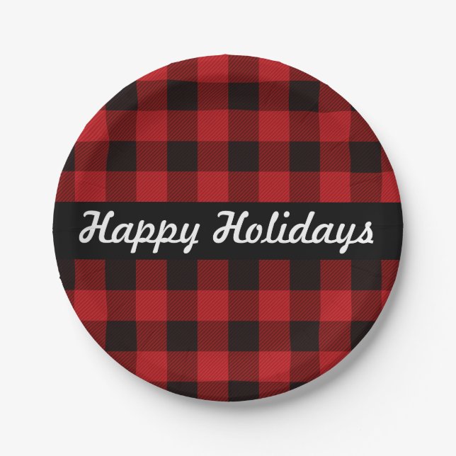 Red and Black buffalo plaid, happy holidays Paper Plates (Front)