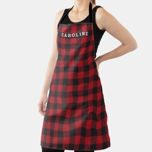 Red and Black Buffalo Plaid Holiday Custom Name Apron