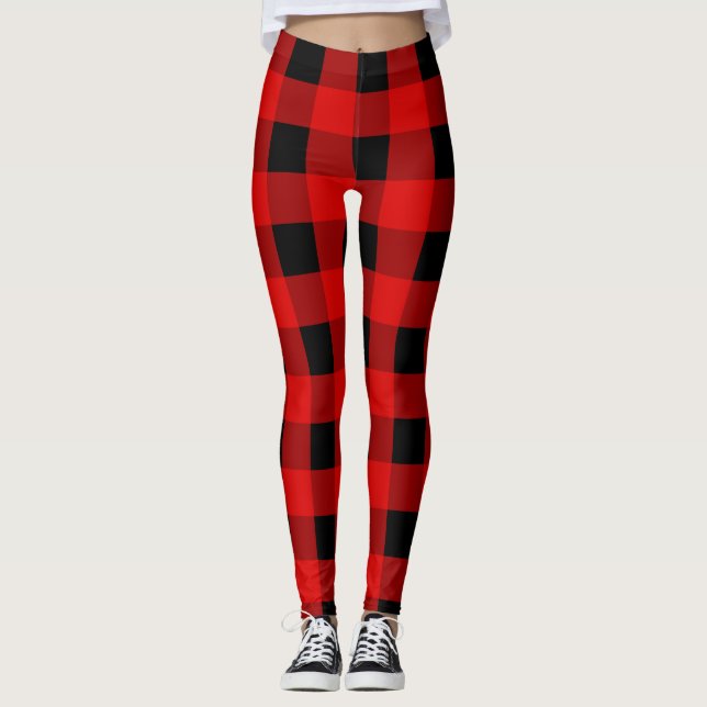 Red and Black Buffalo Plaid Holiday gingham  Leggings (Front)