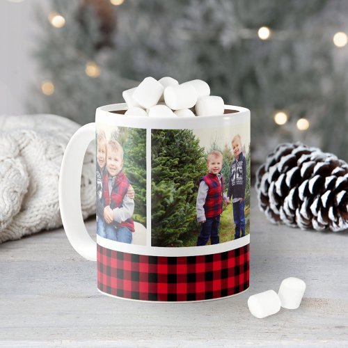 Red and Black Buffalo Plaid Holiday Photo Collage Coffee Mug