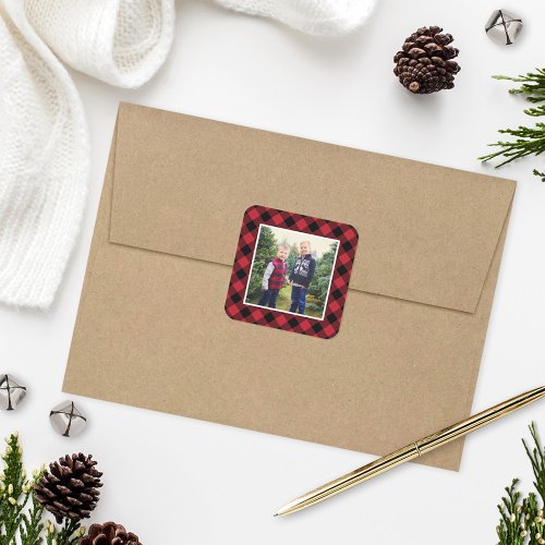 Red and Black Buffalo Plaid Holiday Photo Square Sticker