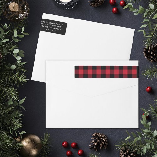 Red and Black Buffalo Plaid Holiday Return Address Wrap Around Label