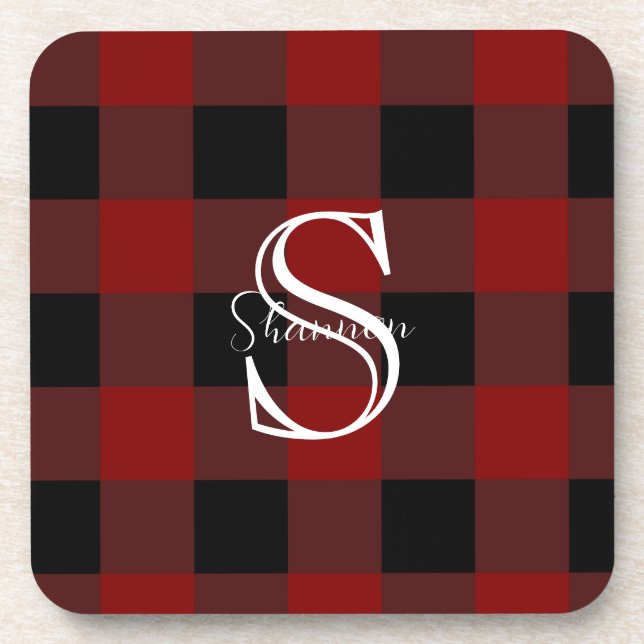 Red and black buffalo plaid monogram beverage coaster (Front)