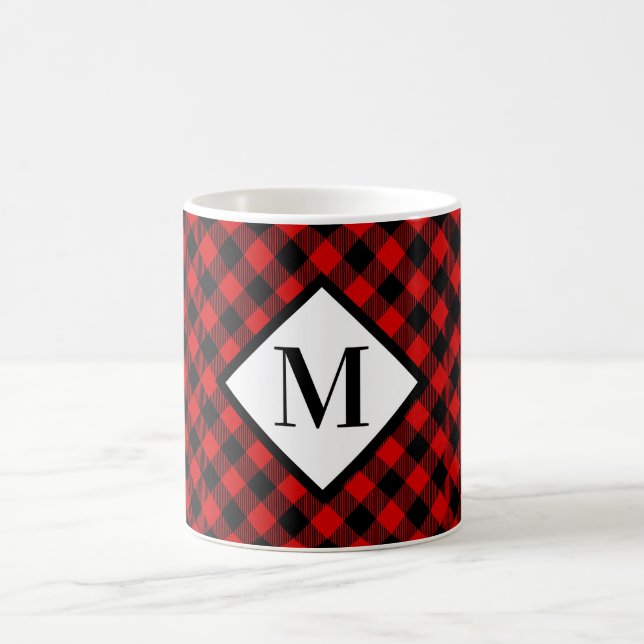 Red and Black Buffalo Plaid Monogram Coffee Mug (Center)