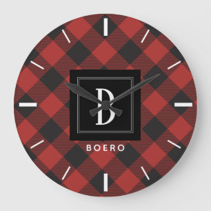 Red and Black Buffalo Plaid Monogram Large Clock