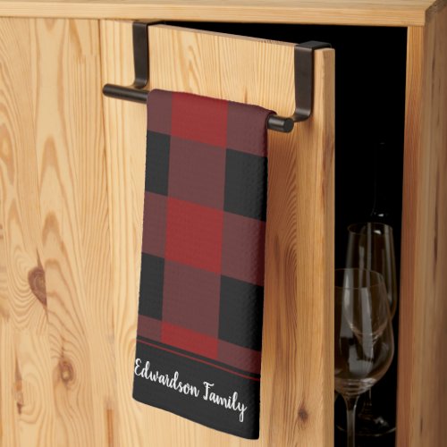 Red and black buffalo plaid monogram name kitchen towel