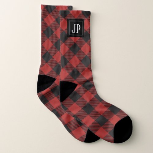 Red and Black Buffalo Plaid Monogram Socks