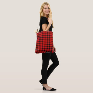 Red and Black Buffalo Plaid Monogramed Tote Bag