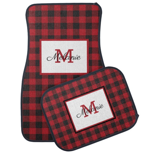 Red And Black Buffalo Plaid - Monogrammed Car Floor Mat (Set)