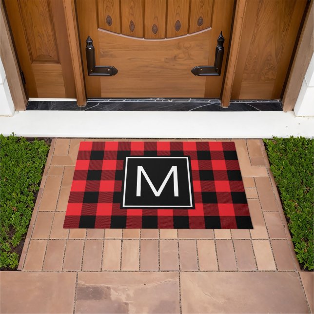 Red and Black Buffalo Plaid Monogrammed Doormat (Outdoor)