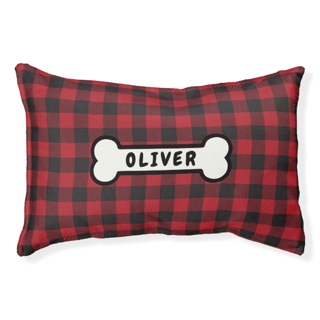 Red and Black Buffalo Plaid Monogrammed Pet Bed (Front)