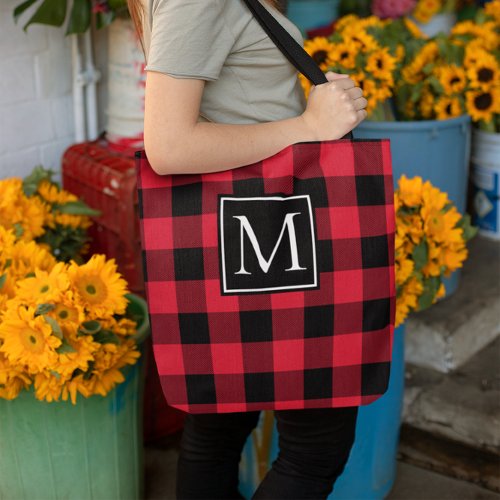 Red and Black Buffalo Plaid Monogrammed Tote Bag