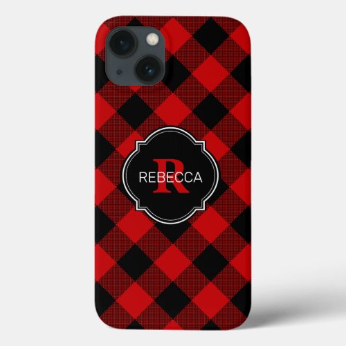 Red and Black Buffalo Plaid Name Monogram iPhone 13 Case