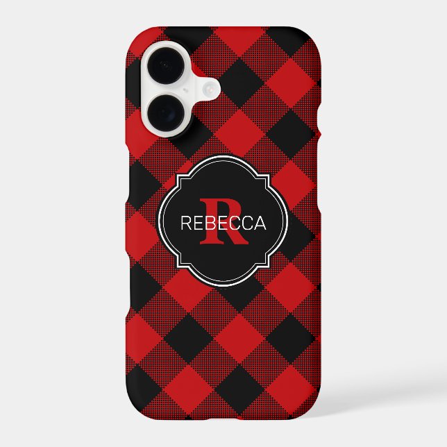 Red and Black Buffalo Plaid Name Monogram Case-Mate iPhone Case (Back)