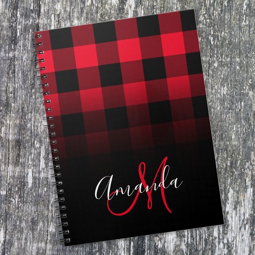 Red and Black Buffalo Plaid Ombre Monogram Notebook