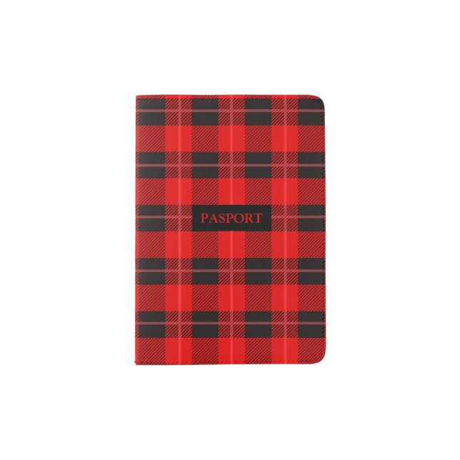 Red and black buffalo plaid pattern passport holder (Front)