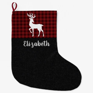 Red and Black Buffalo Plaid Personalized Name Large Christmas Stocking