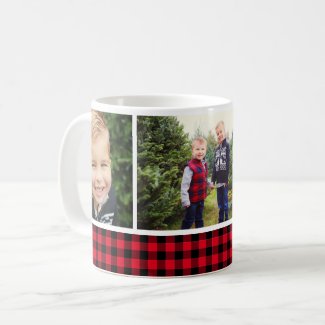 Red and Black Buffalo Plaid Photo Collage Holiday Coffee Mug
