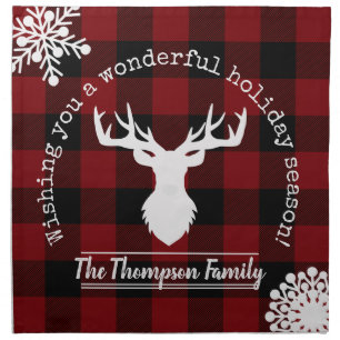 Red and Black Buffalo Plaid Reindeer Family Name Cloth Napkin