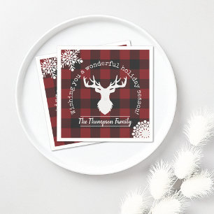 Red and Black Buffalo Plaid Reindeer Family Name Napkins