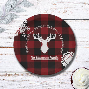 Red and Black Buffalo Plaid Reindeer Family Name Paper Plates