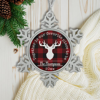 Red and Black Buffalo Plaid Reindeer Family Name Snowflake Pewter Christmas Ornament