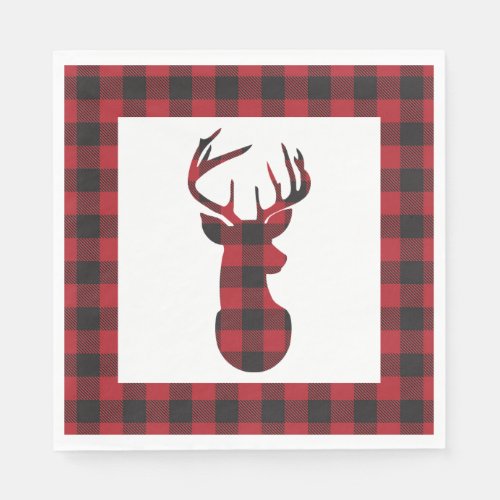 Red and Black Buffalo Plaid Reindeer Holiday Party Napkins