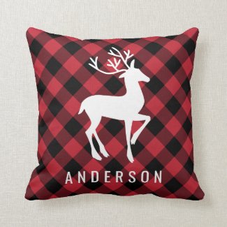 Red and Black Buffalo Plaid Reindeer Monogram Throw Pillow