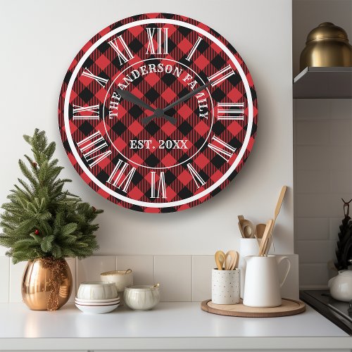 Red And Black Buffalo Plaid Rustic Roman Numeral Large Clock