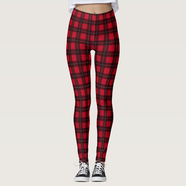 Red and Black Buffalo Plaid Tartan Patterned Leggings (Front)