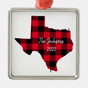 Red and Black Buffalo Plaid Texas Name and Year Metal Ornament