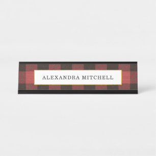 Red and Black Buffalo Plaid with Faux Gold Frame Desk Name Plate