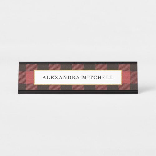 Red and Black Buffalo Plaid with Faux Gold Frame Desk Name Plate